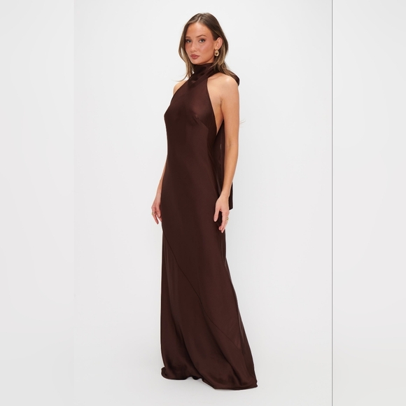 Show Me Your MUMU Lisa Maxi Dress XS Chocolate Luxe Satin Wedding Party Prom - Picture 5 of 11